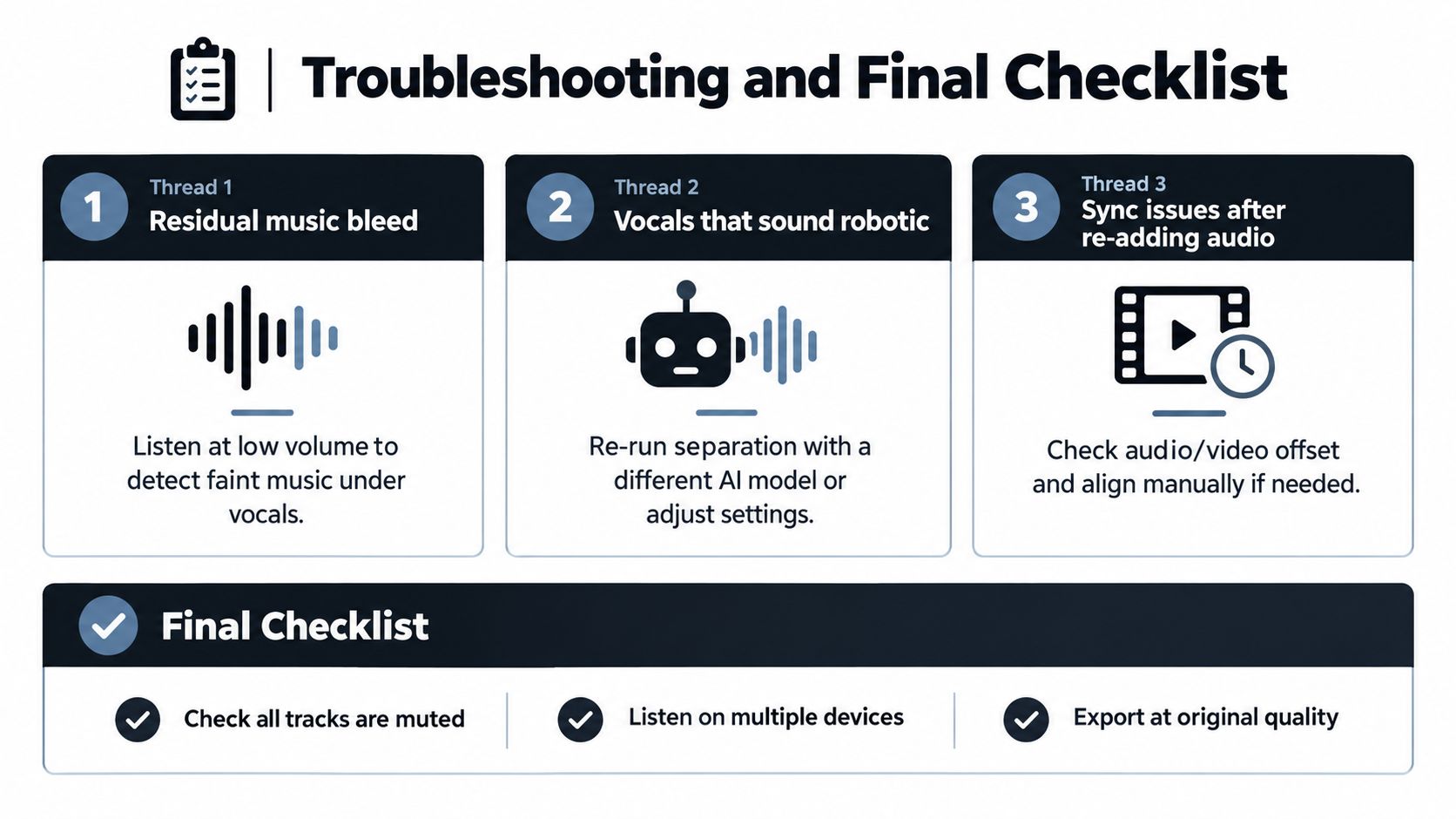 A troubleshooting checklist for fixing audio issues like music bleed, robotic vocals, and sync problems in videos.