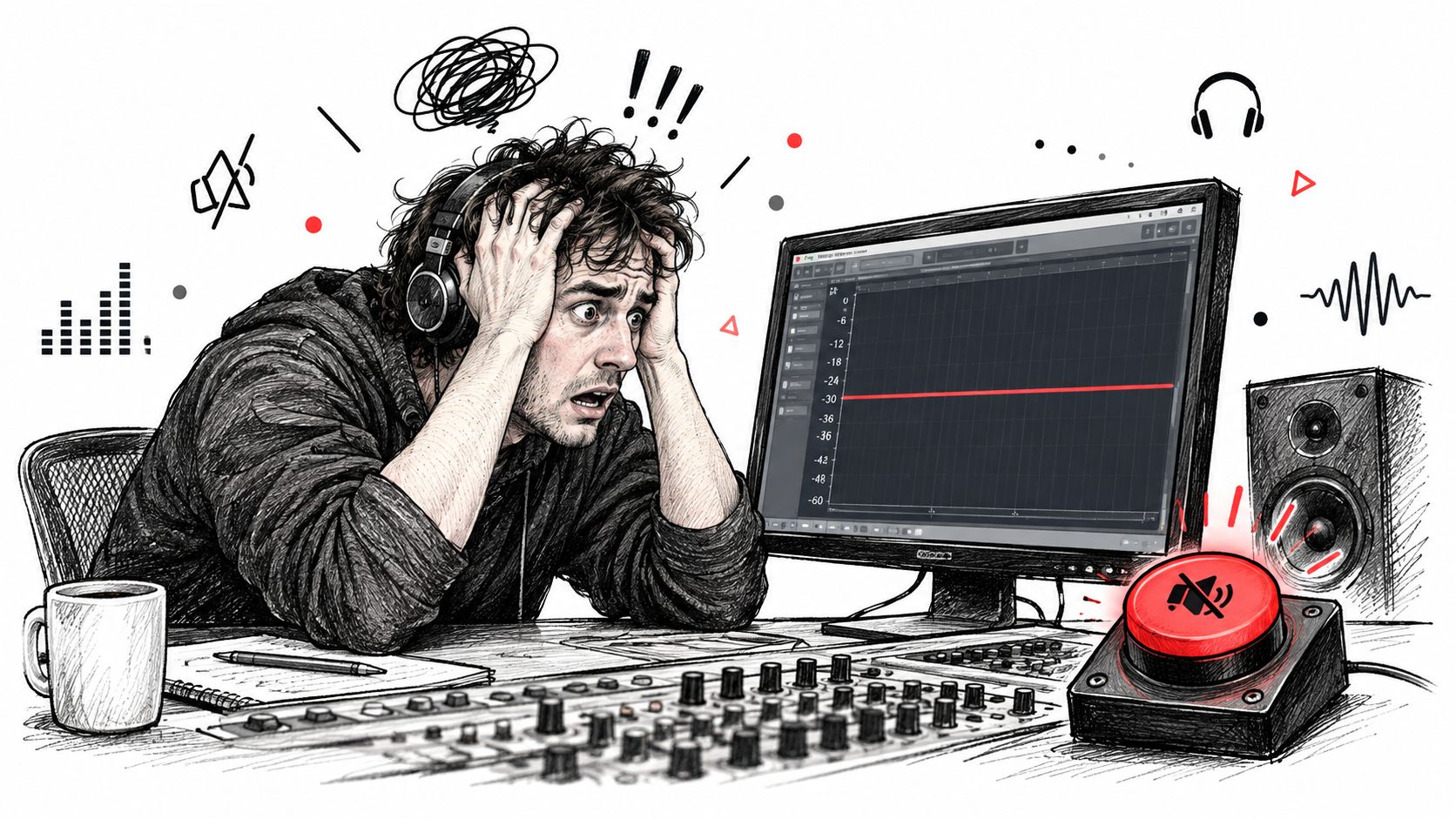 A stressed audio engineer with headphones reacting to a loud noise while working at his computer desk.