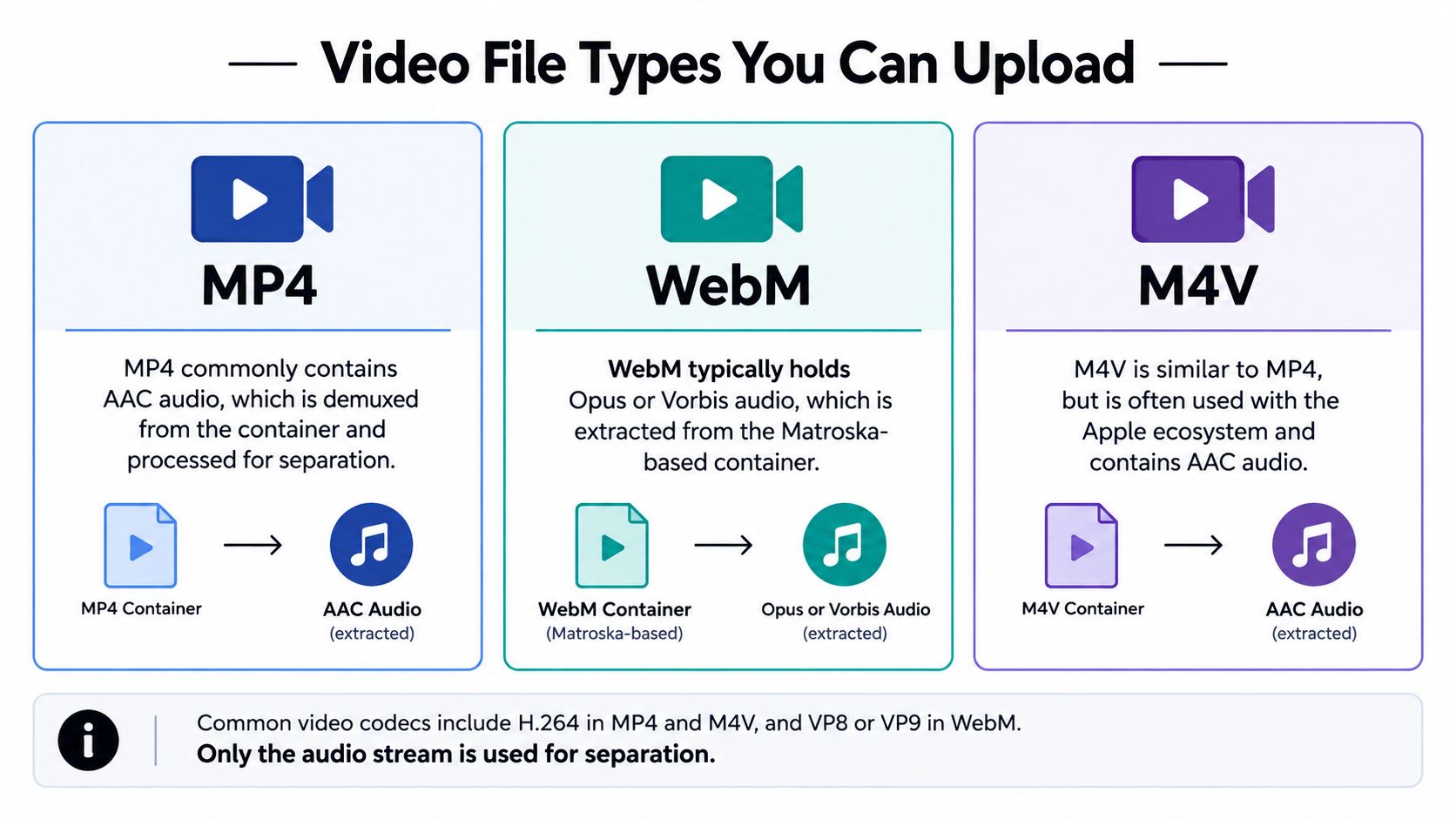 An infographic showing supported video file types for uploading, specifically MP4, WebM, and M4V with audio extraction.