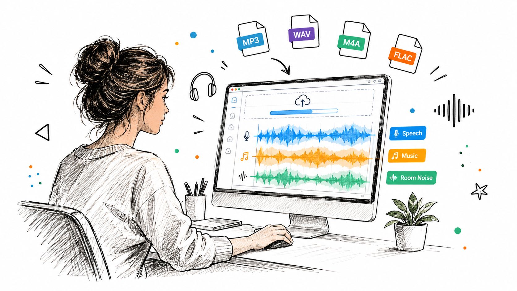 A woman working on a computer to remove background noise from audio files using editing software.