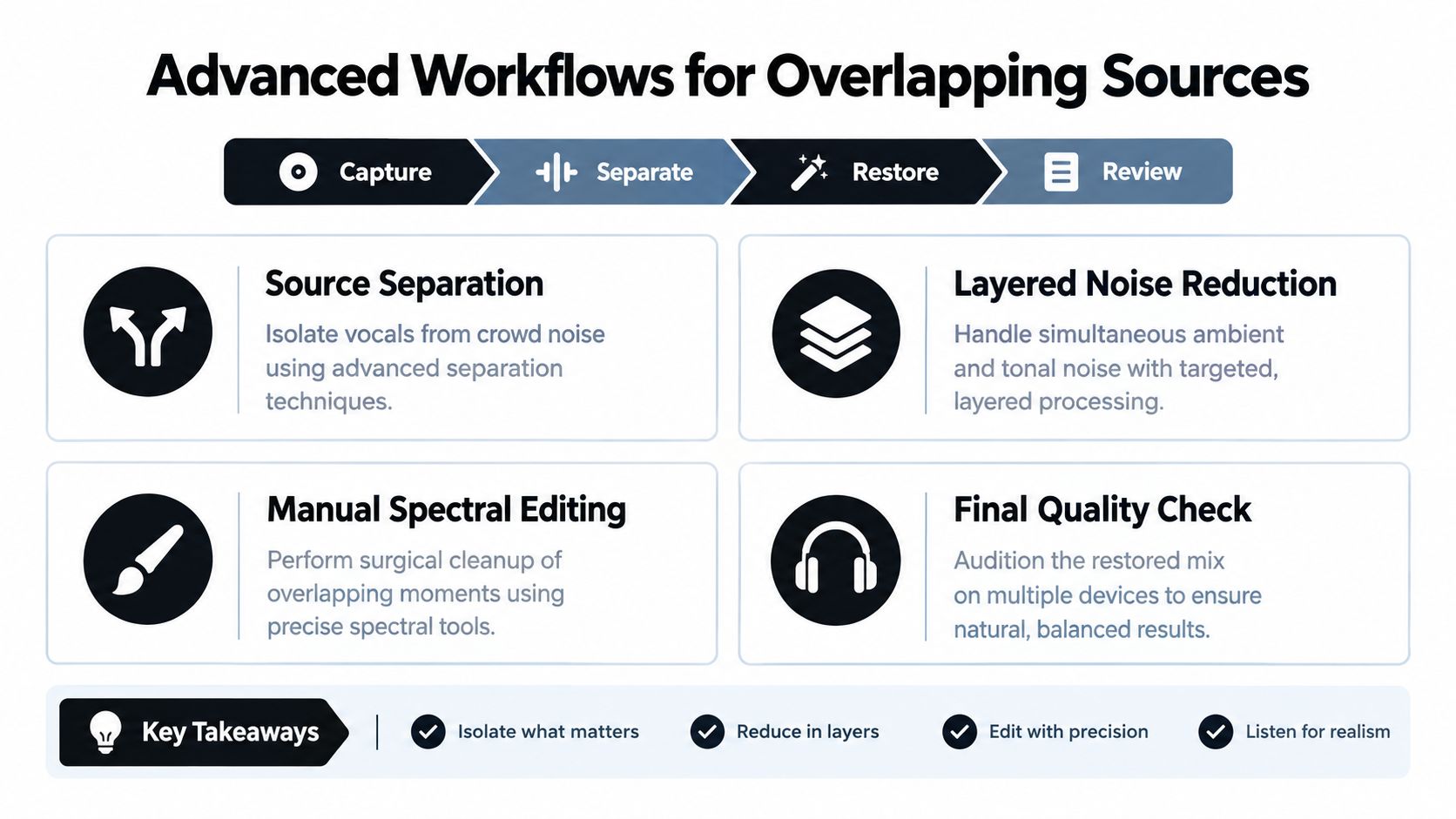 A diagram outlining professional audio restoration workflows for separating and cleaning up overlapping sound sources in recordings.