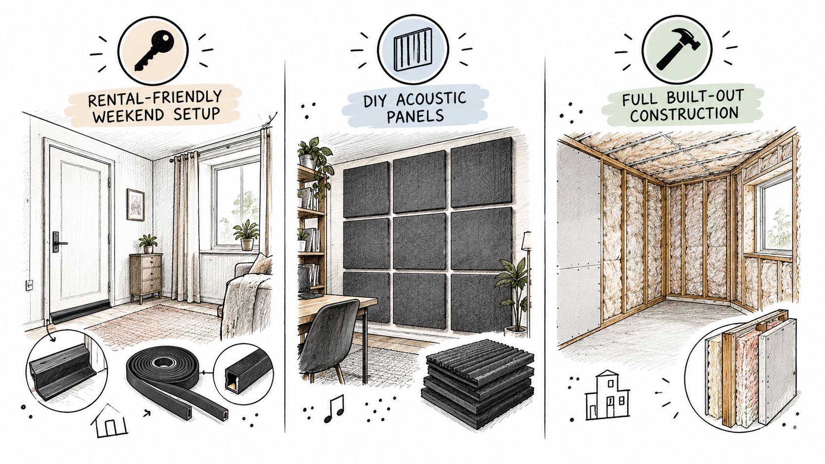 An illustration showing three methods to soundproof a room including rental-friendly items, DIY acoustic panels, and construction.