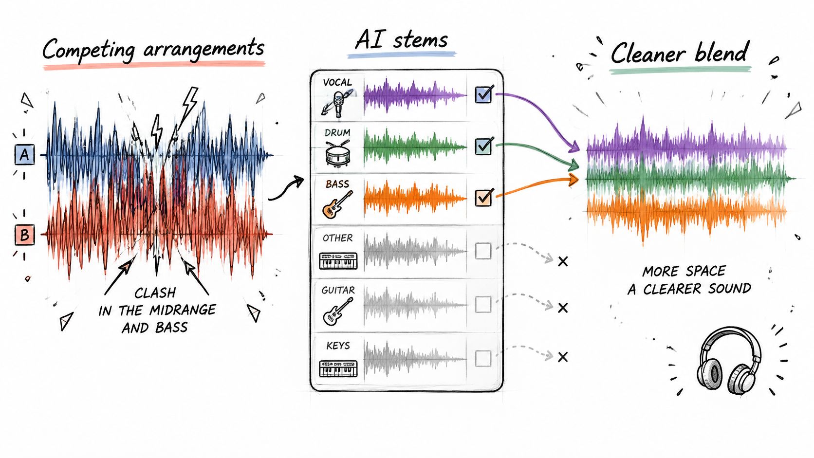 A diagram illustrating how AI stem separation resolves clashing audio frequencies to create a cleaner music mix.