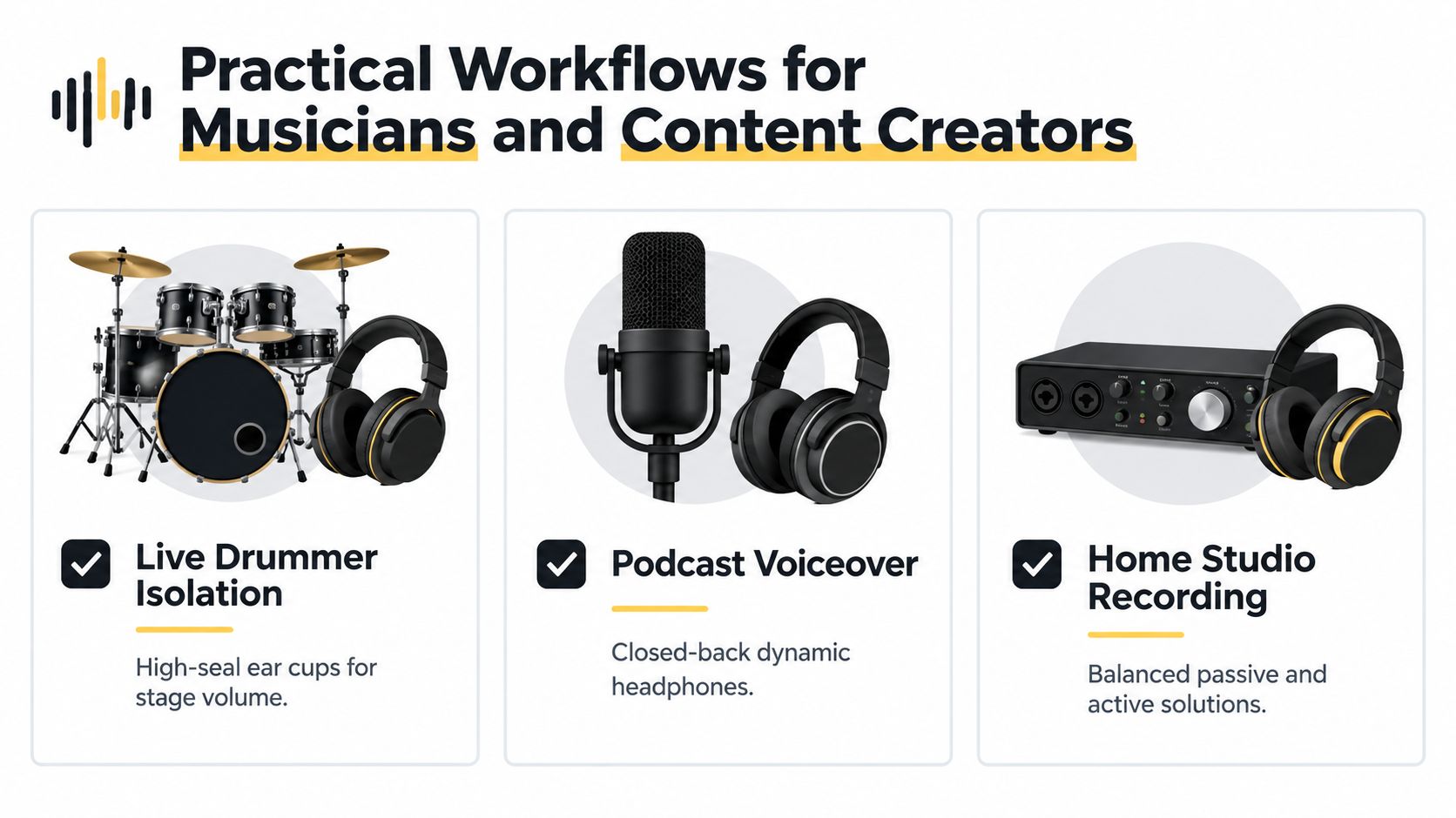 A graphic demonstrating sound isolation workflows for musicians and content creators using microphones, drums, and headphones.