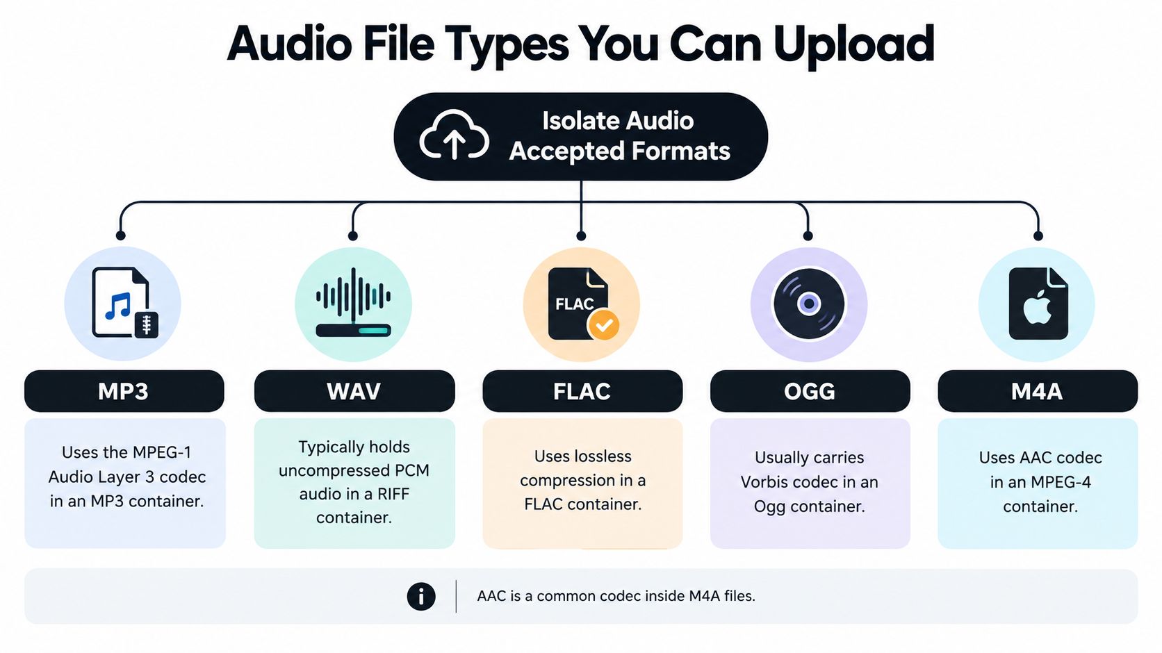 A diagram illustrating the five audio file types accepted by the platform: MP3, WAV, FLAC, OGG, and M4A.
