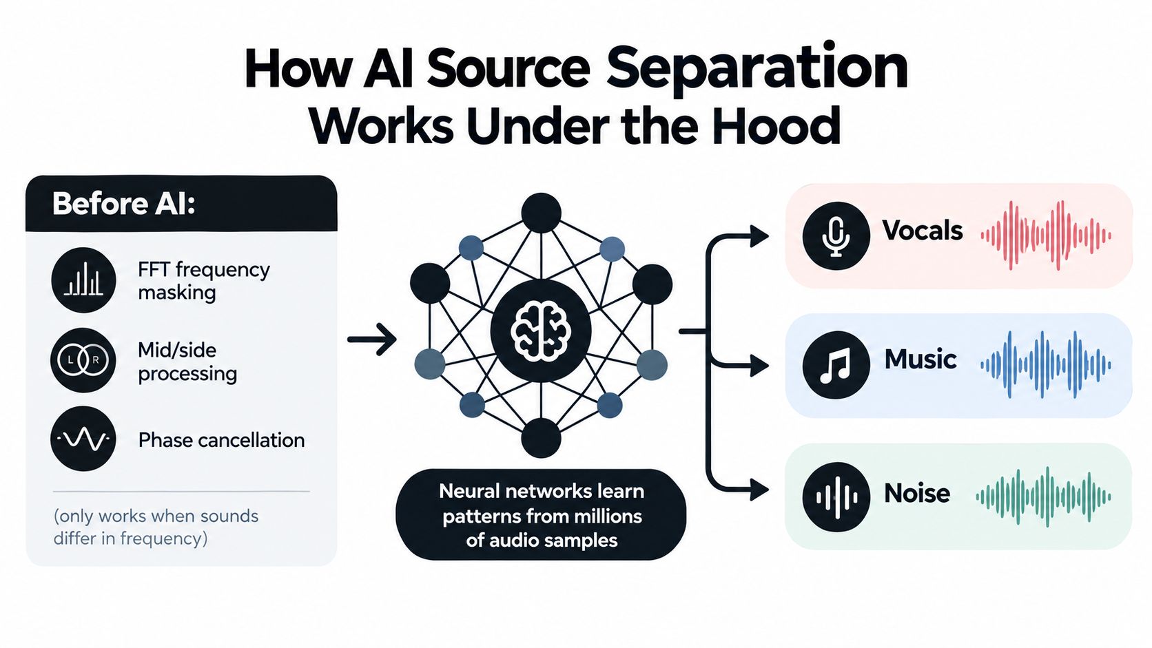 A diagram comparing traditional methods to AI-driven neural networks for separating audio sources like vocals and music.