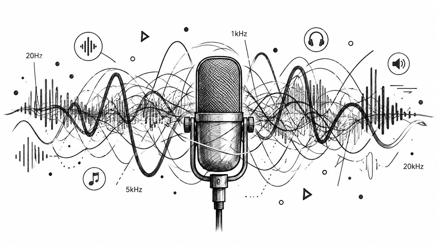 A detailed sketch of a professional microphone surrounded by abstract sound waves and music-related symbols.