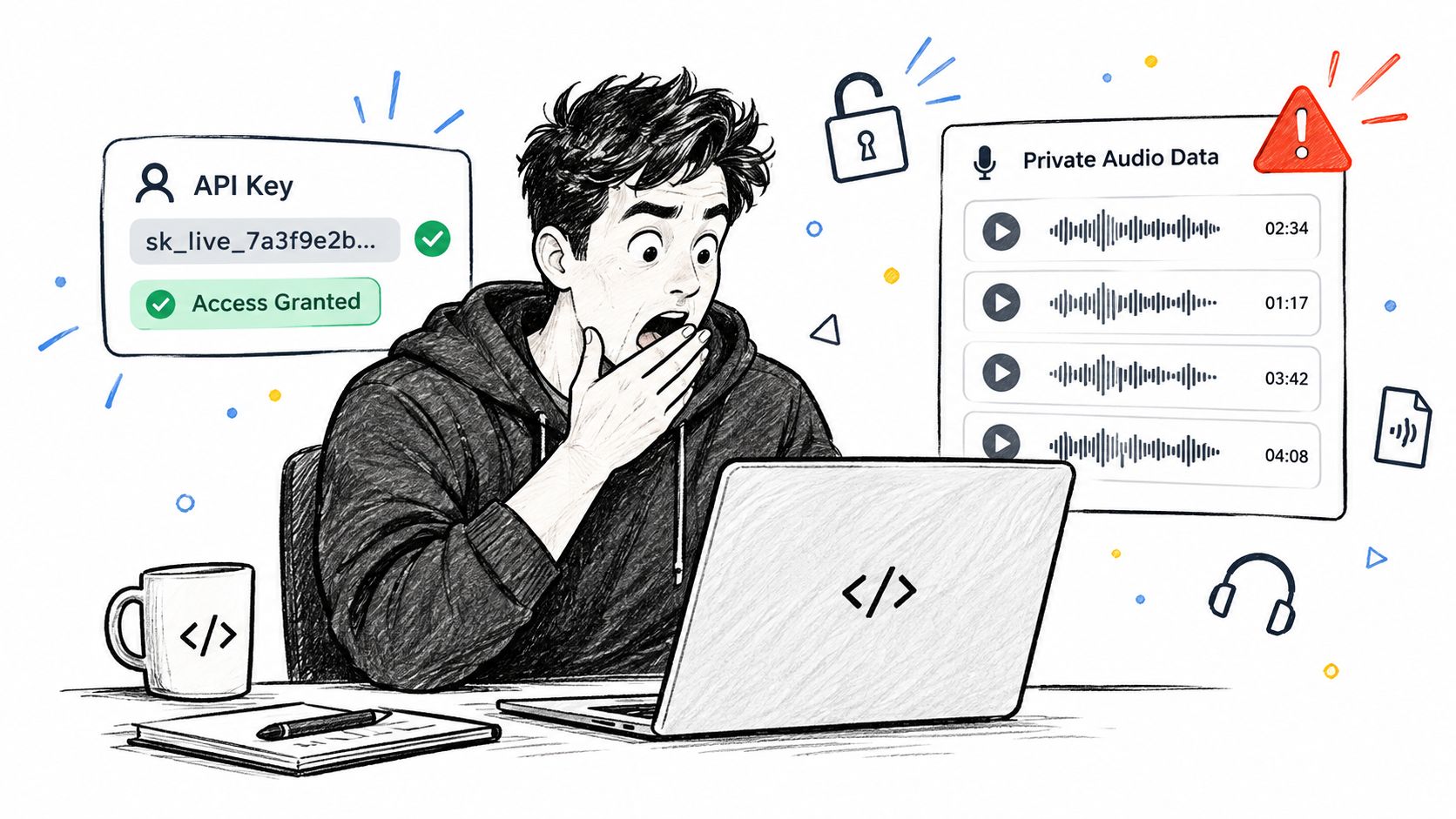 A shocked developer stares at a laptop screen showing unauthorized access to private audio data.