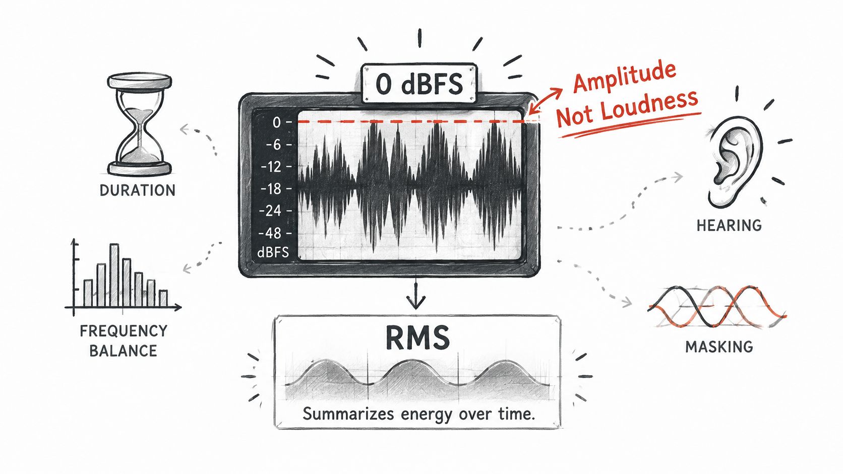 A diagram explaining the difference between digital signal amplitude in dBFS and perceived human loudness.