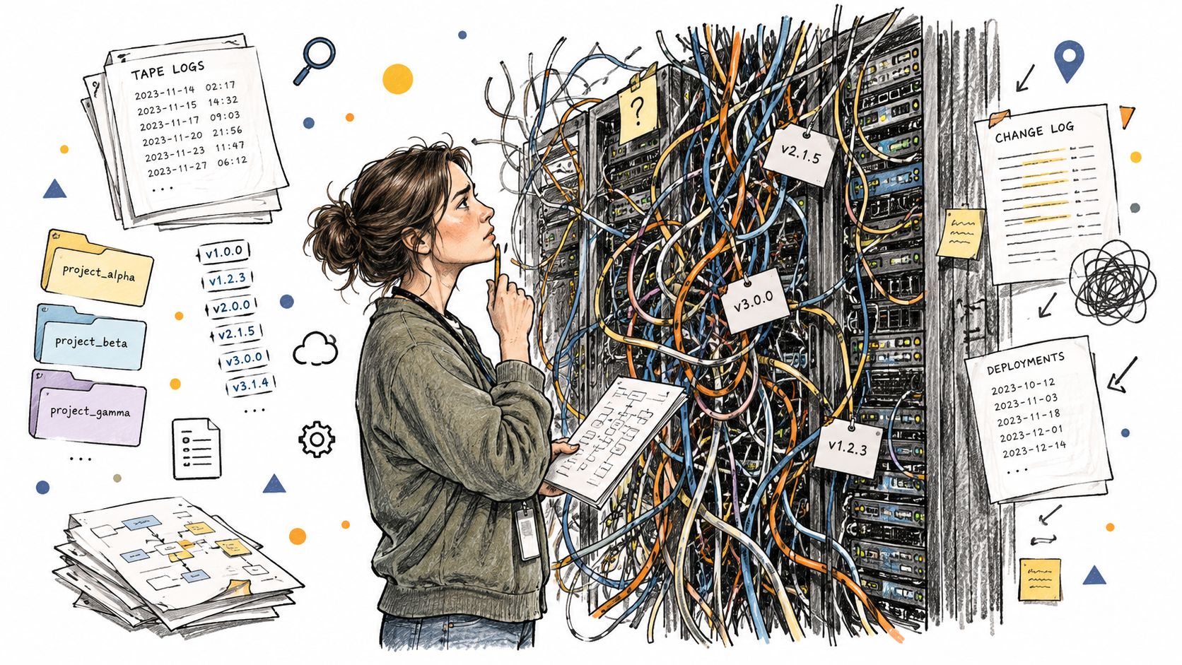 A technician thoughtfully examines a chaotic tangle of server cables while consulting diagrams and project logs.