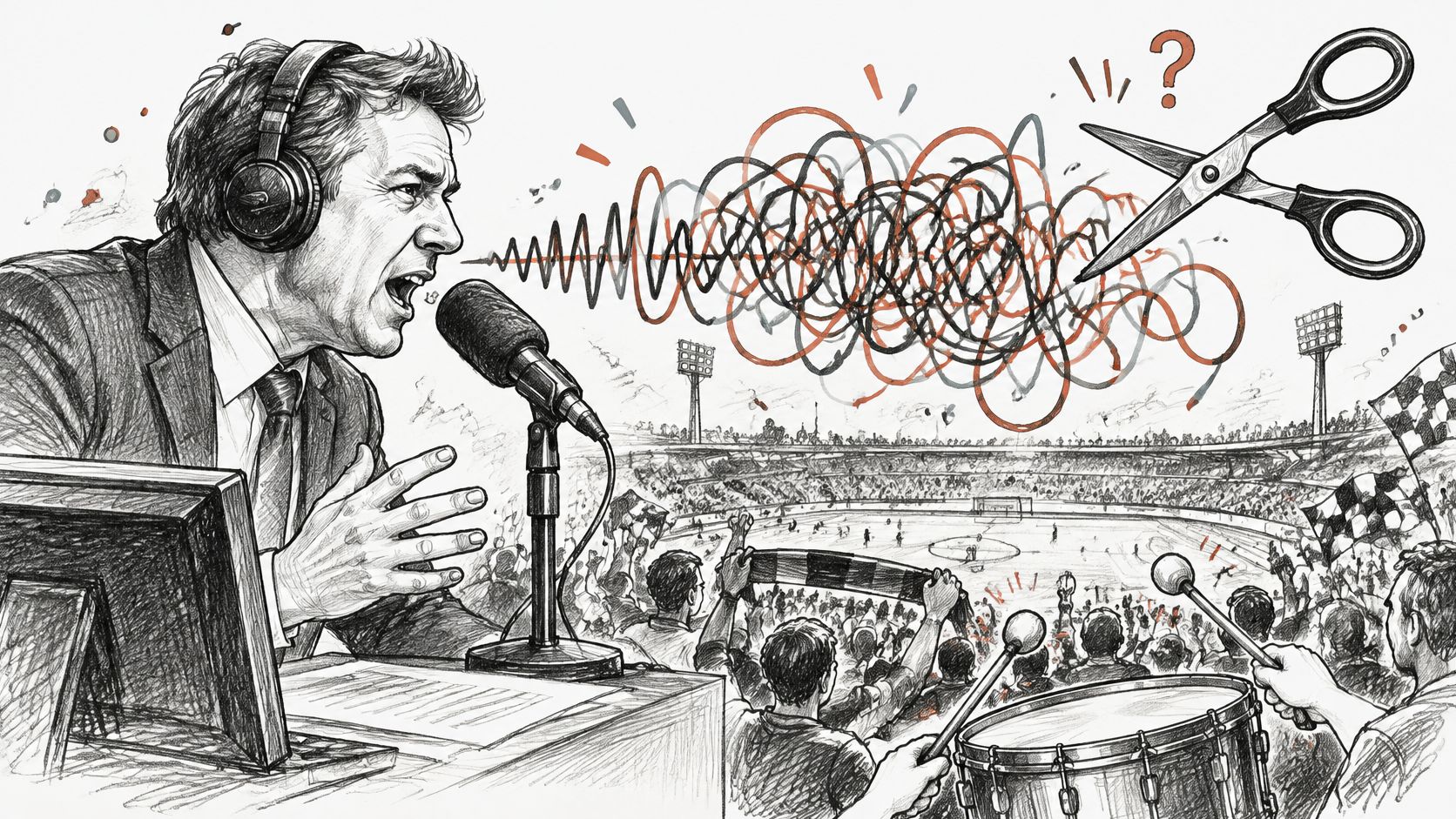 A sports commentator speaking into a microphone while scissors hover over chaotic tangled audio sound waves.