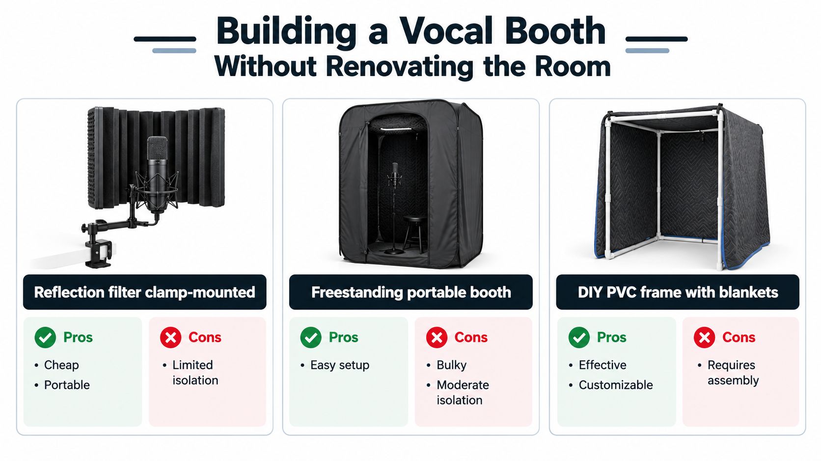 Three different methods for creating a home vocal booth without needing room renovations for sound isolation.