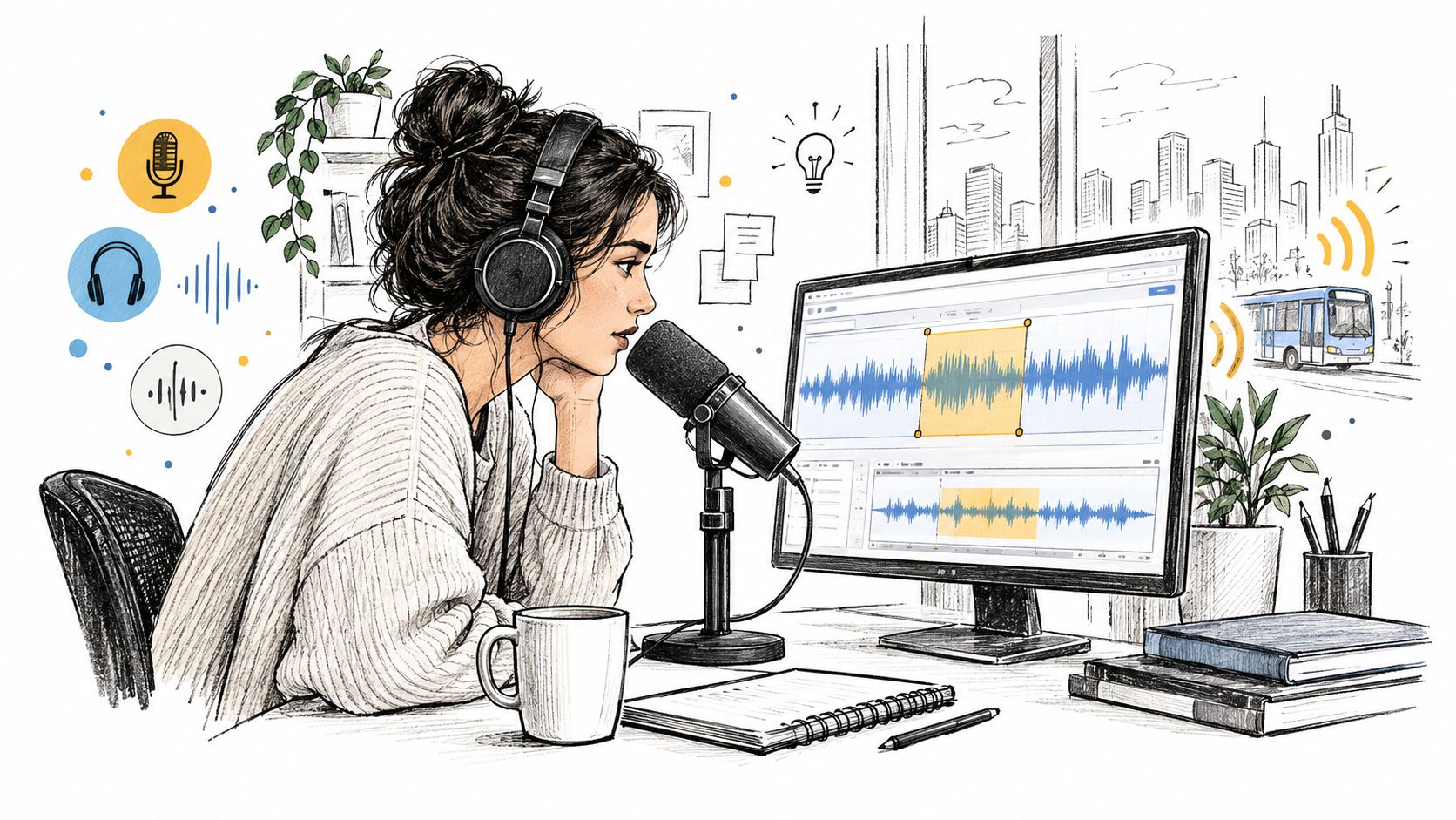A young woman wearing headphones speaks into a microphone while editing audio waveforms on her computer screen.