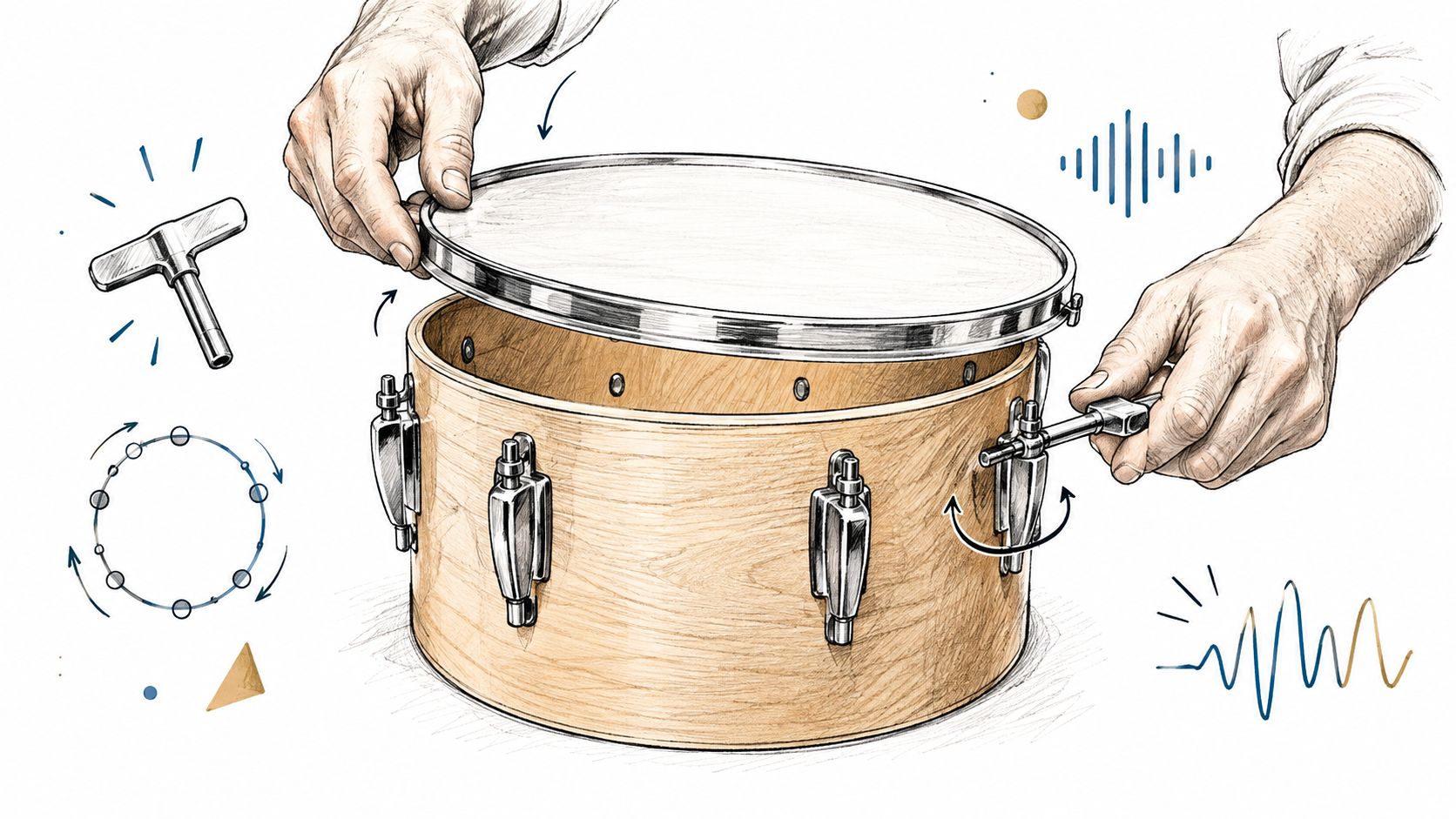 A hand-drawn illustration showing a person adjusting the tuning lugs on a wooden snare drum.