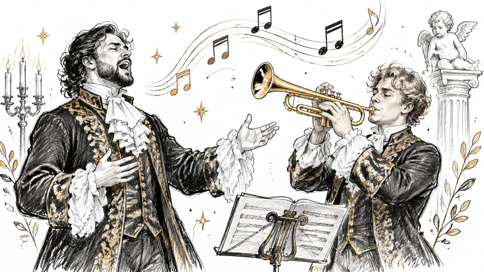 An elegant sketch of an opera singer and a trumpeter performing classical music together in period attire.