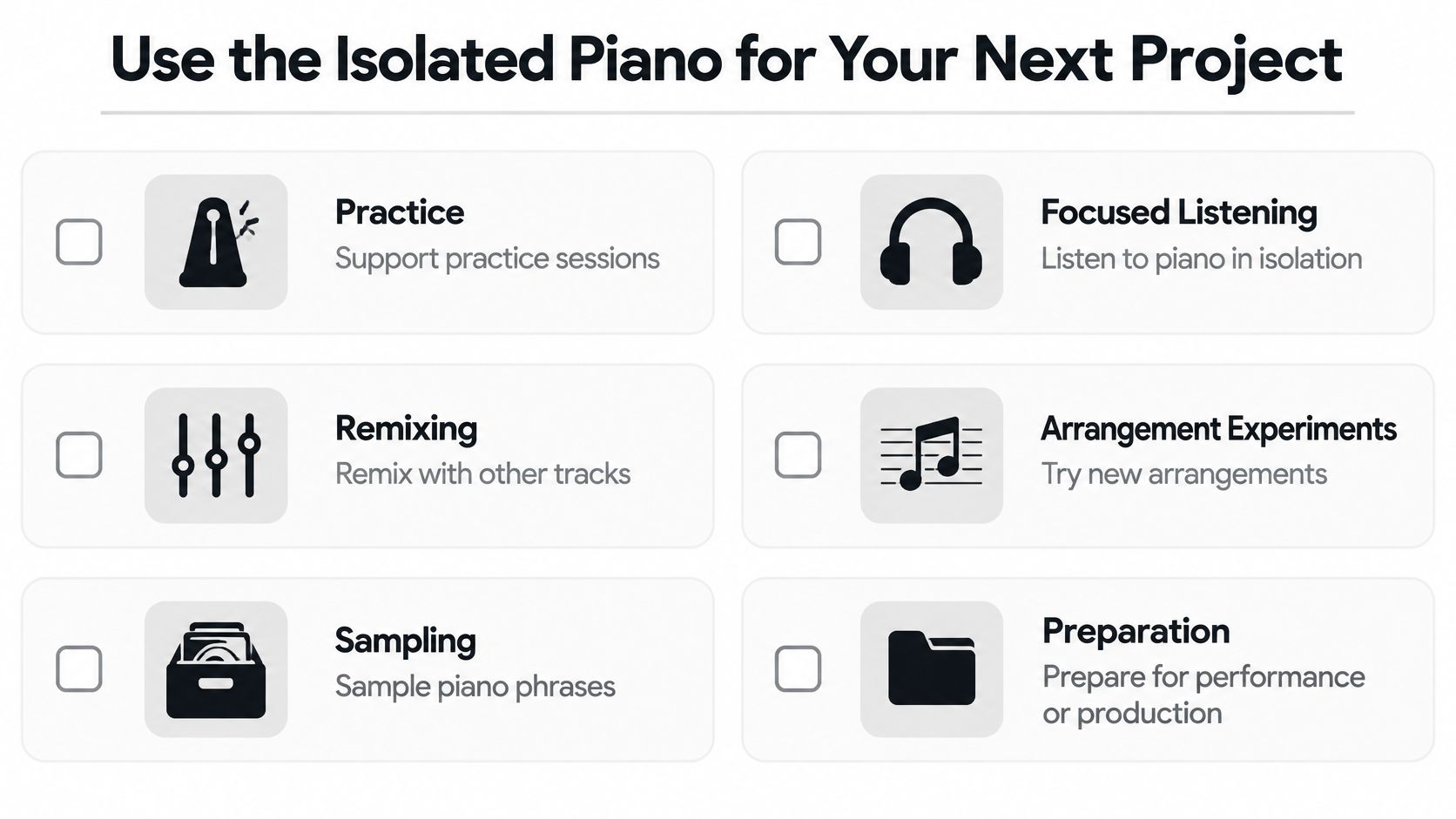 A list of six use cases for isolated piano tracks including practice, remixing, sampling, listening, and arrangement experiments.