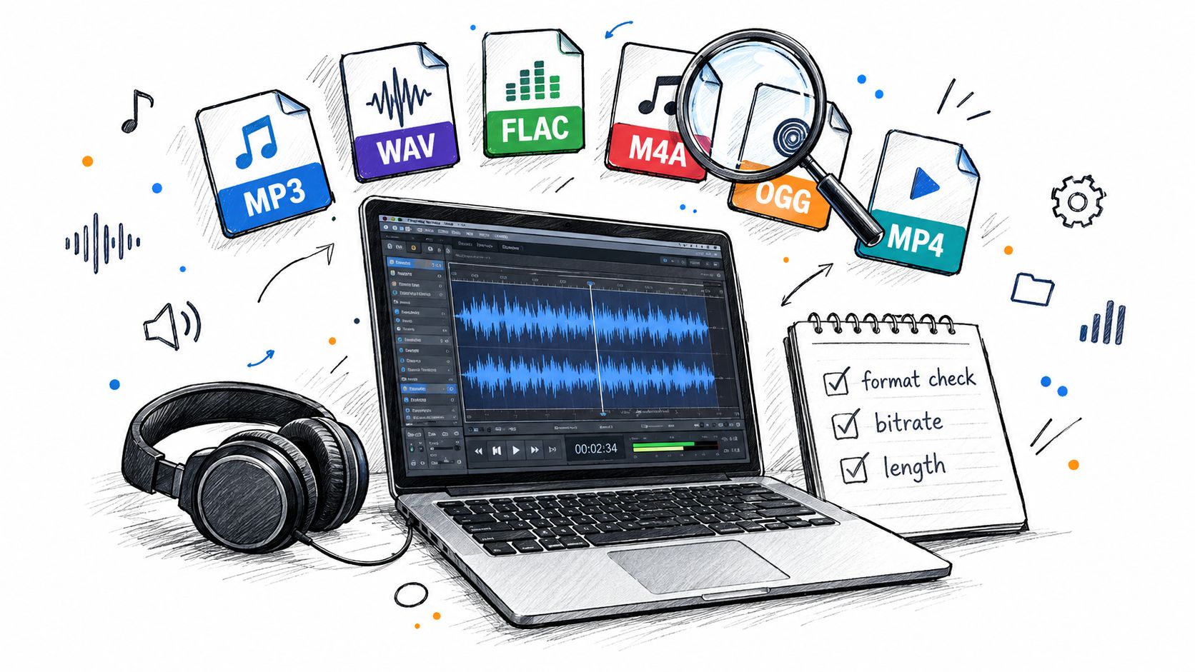 A laptop with audio software, headphones, and file icons representing various digital audio formats like MP3 and WAV.