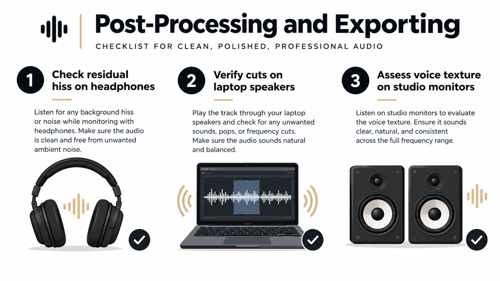 An infographic detailing a three-step professional audio post-processing checklist for checking background noise and voice quality.