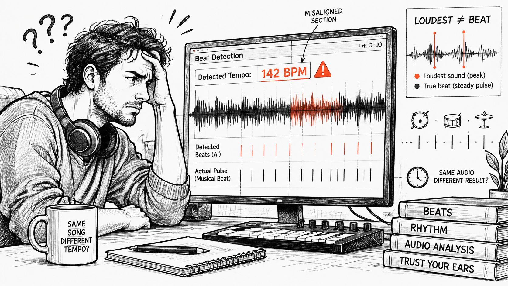 A frustrated music producer looking at a computer screen showing inaccurate AI beat detection software analysis.