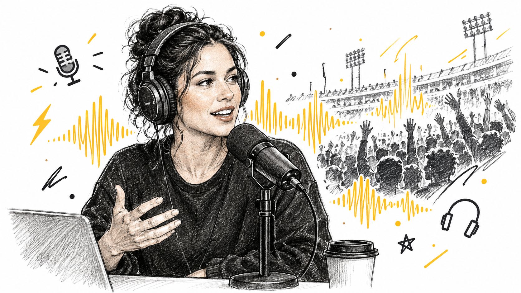 A woman wearing headphones speaking into a microphone with a cheering stadium crowd in the background.