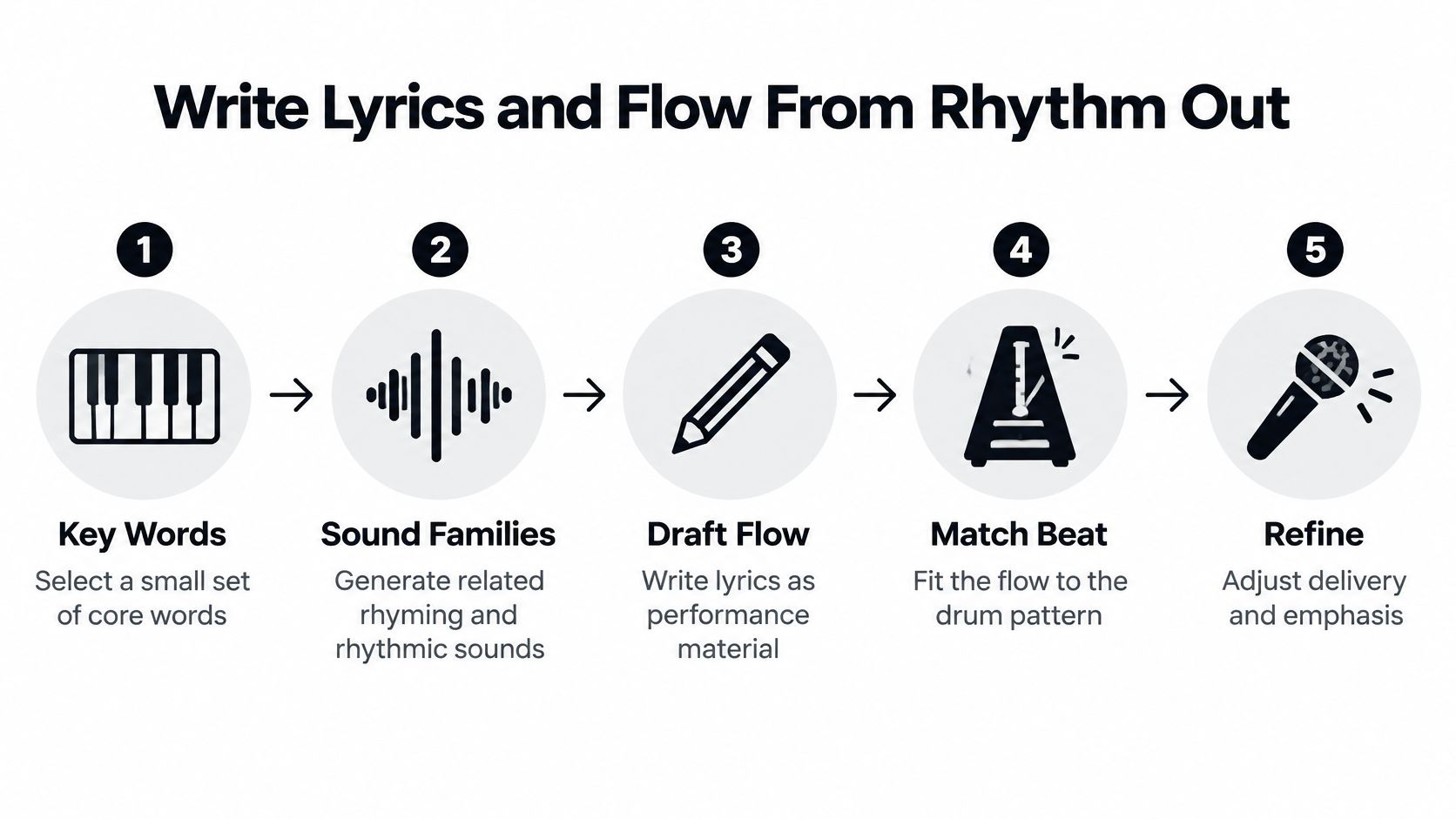 A five-step infographic showing a process to write rap lyrics and flow starting from rhythm.