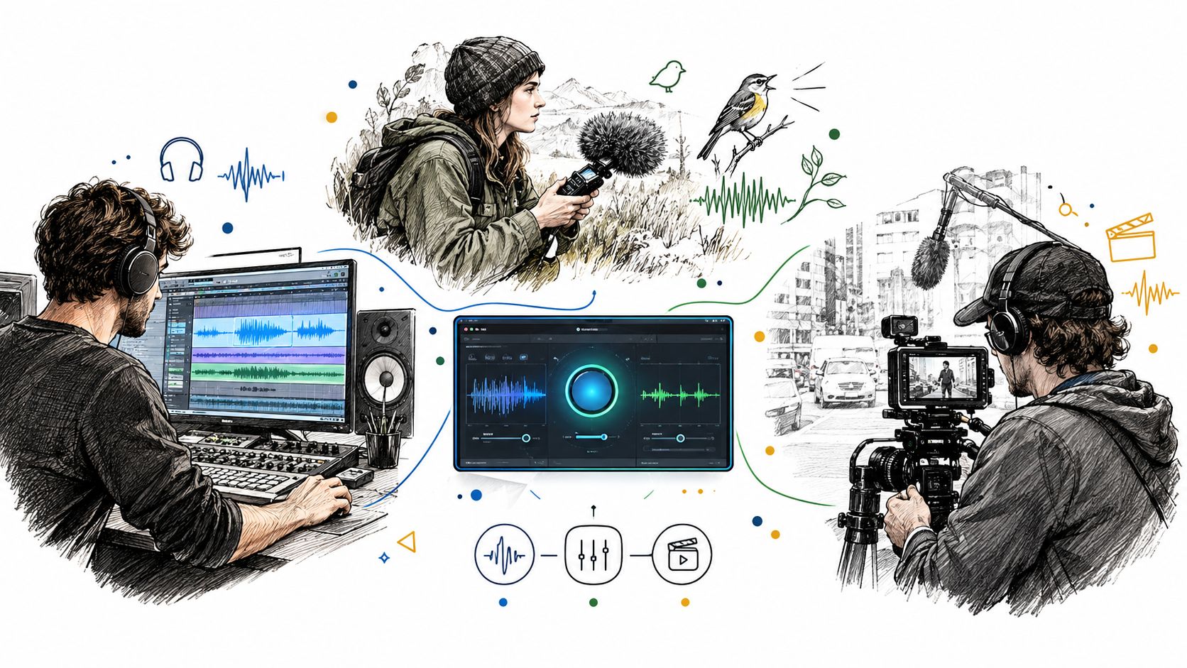 A digital illustration showing a workflow of field recording, audio editing, and professional video production services.