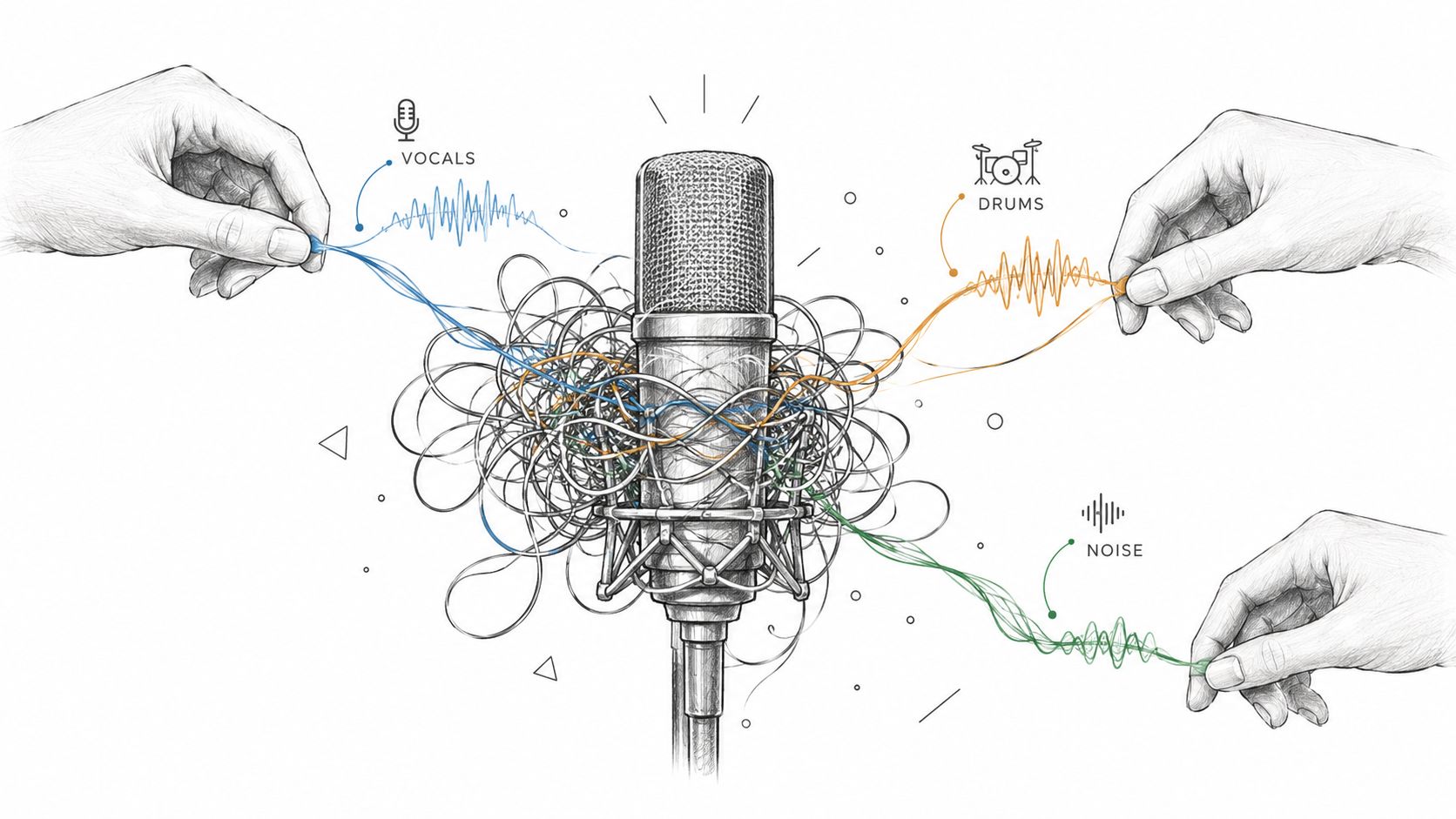 A pencil sketch illustration showing hands unraveling complex audio sound waves from a tangled microphone recording.