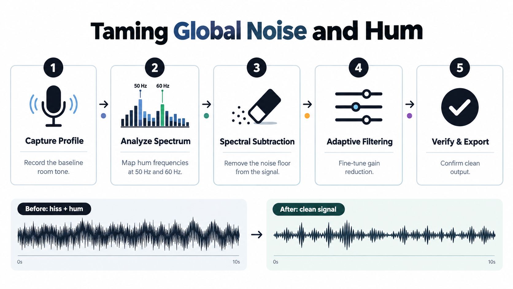 A five-step infographic showing the workflow for reducing noise and hum in audio restoration processes.