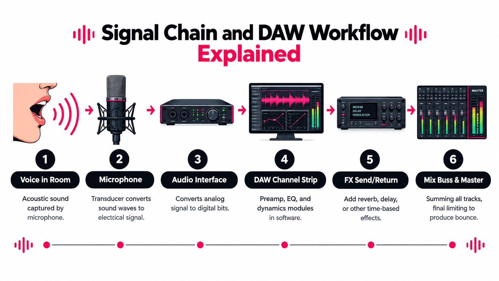 A diagram illustrating the step-by-step signal chain and DAW workflow from voice recording to final mastering.