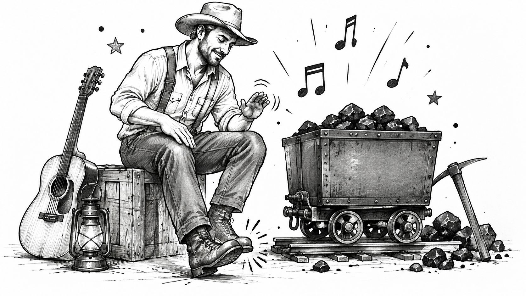 A coal miner sitting on a crate next to a guitar, tapping his boot near a coal cart.