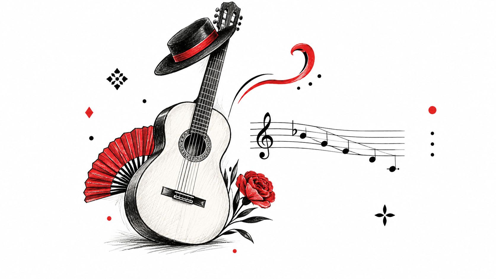 An artistic illustration featuring a Spanish guitar, a flamenco hat, a fan, and a red rose.