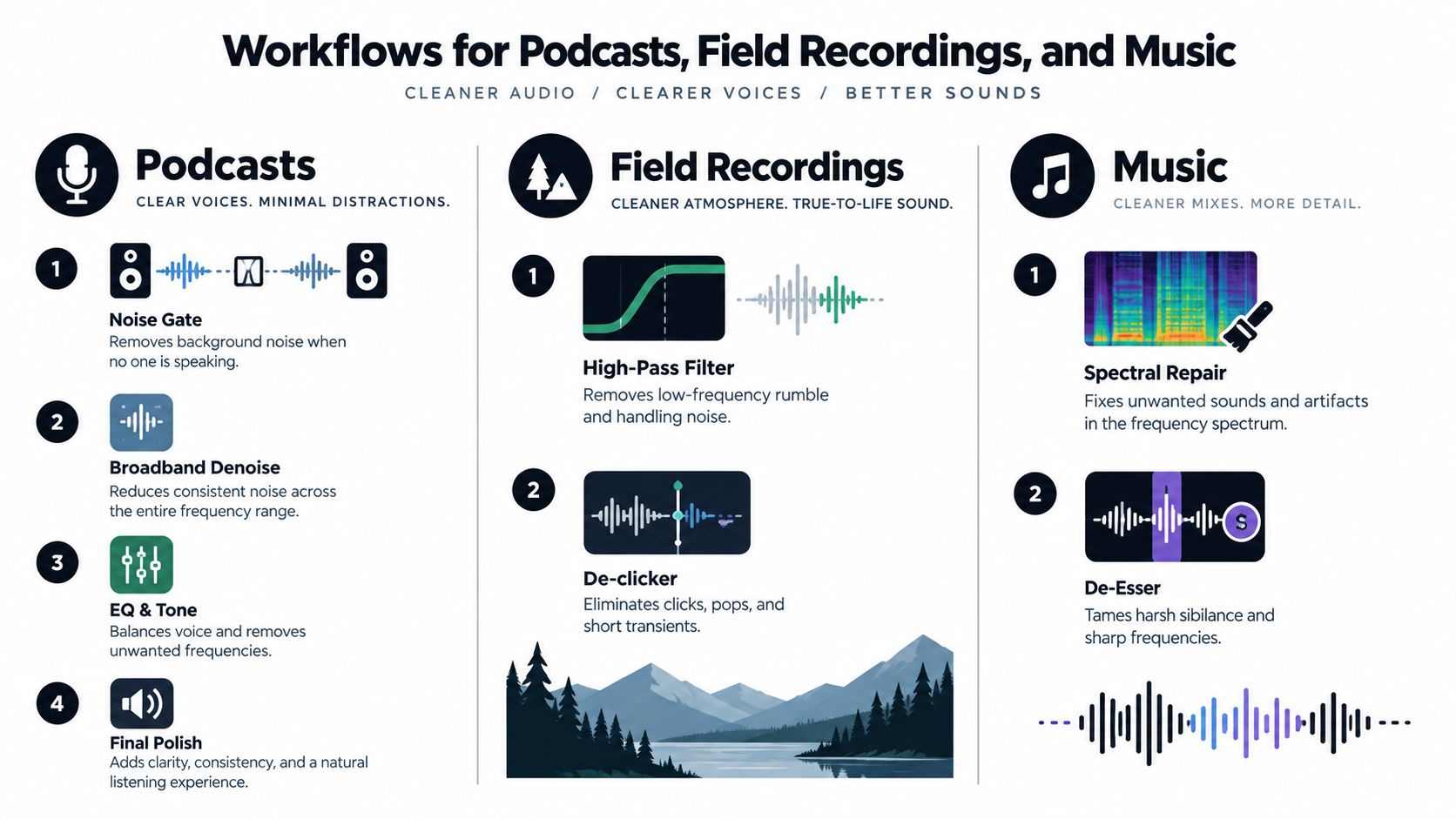 A visual guide outlining audio editing workflows for podcasts, field recordings, and music using various repair tools.