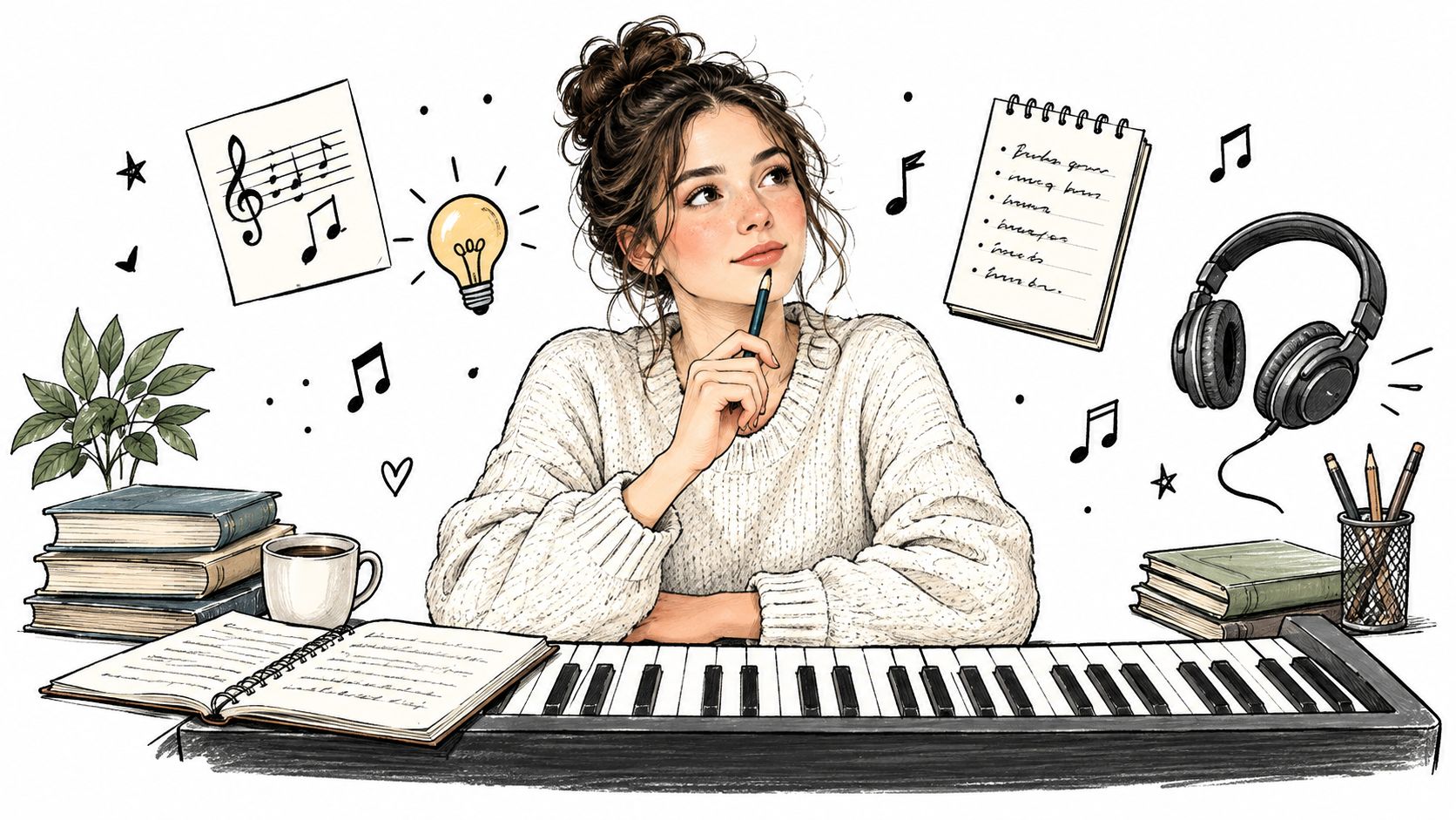 A young woman sits at a piano desk with music notes, headphones, books, and creative study tools.