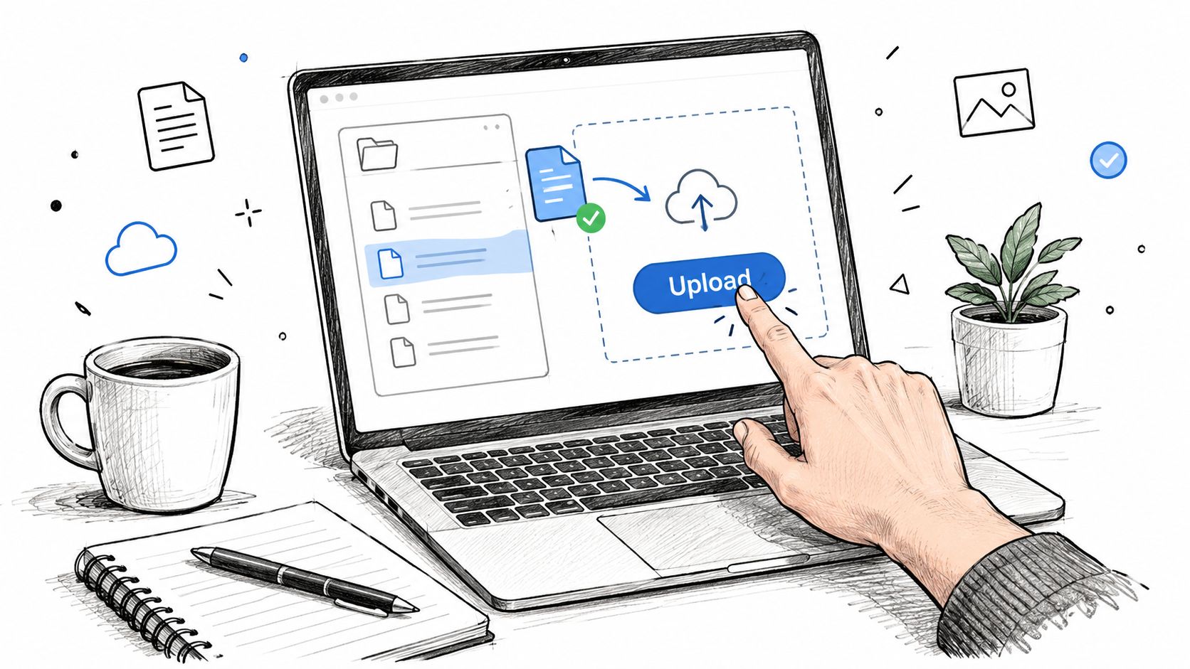 A hand interacting with a laptop screen displaying a file upload process to a cloud server.
