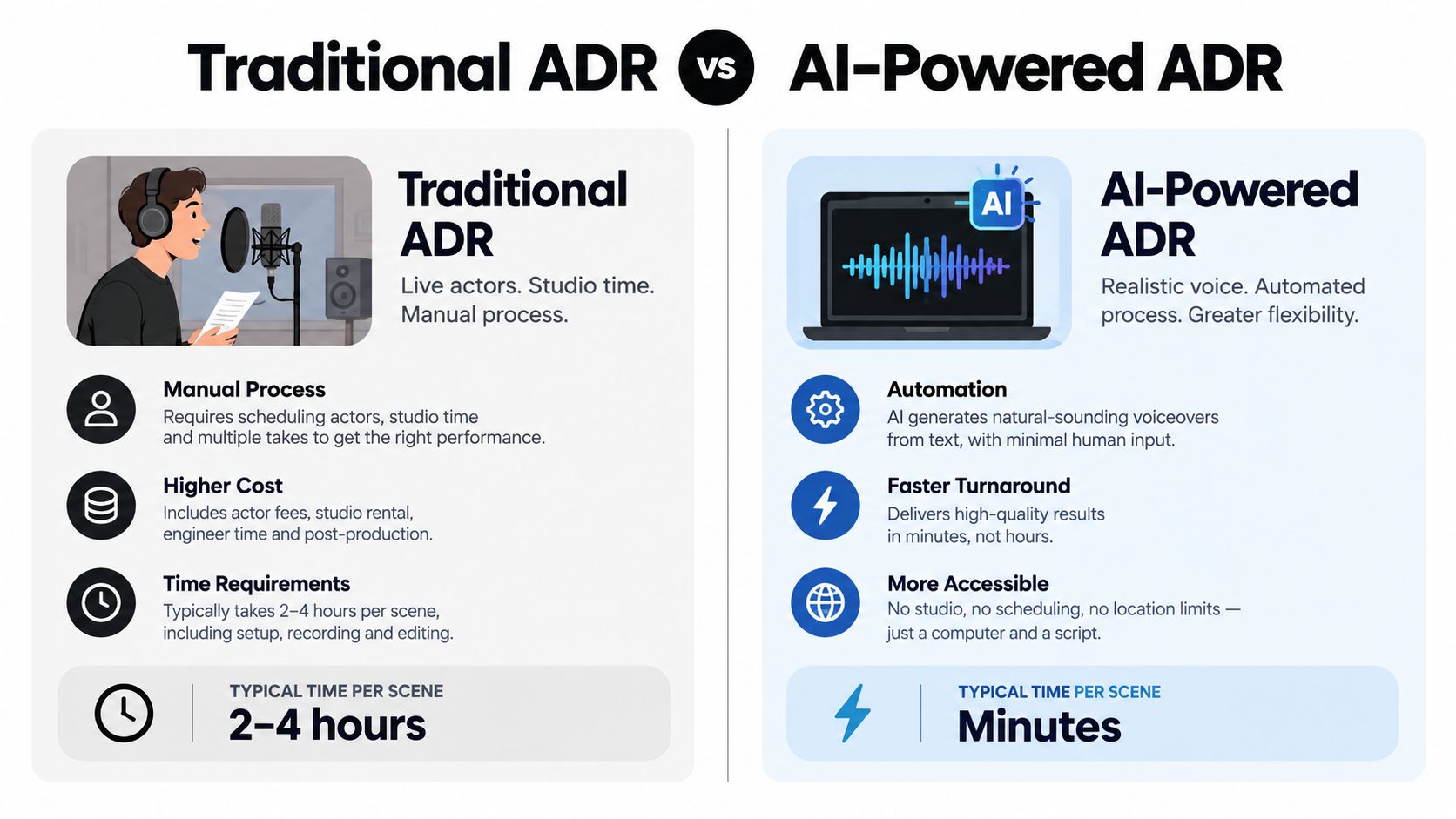A comparison infographic between traditional ADR methods using actors and automated AI-powered ADR voiceover technology.