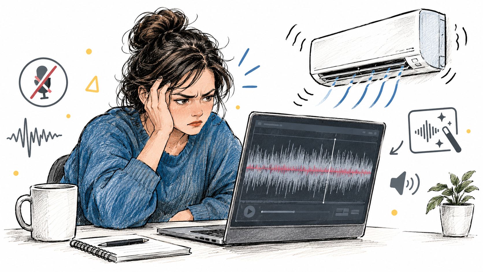 A frustrated woman working on a laptop to remove distracting background noise from her audio recording file.