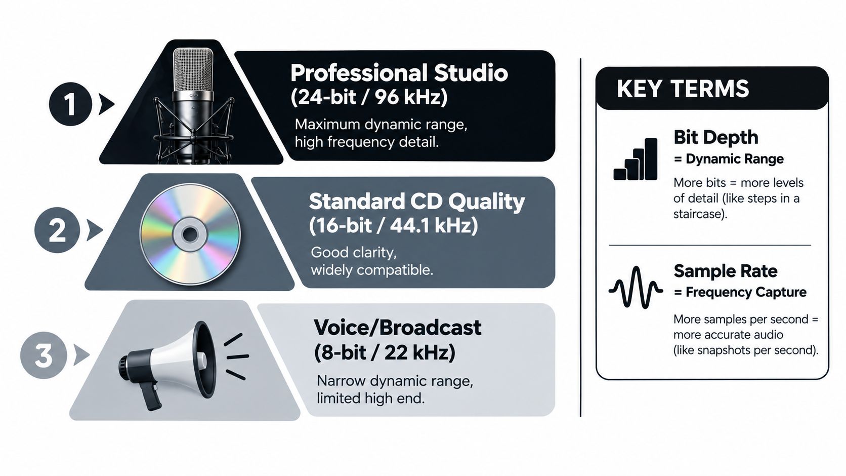 A diagram illustrating audio recording quality levels comparing bit depth and sample rate for various formats.