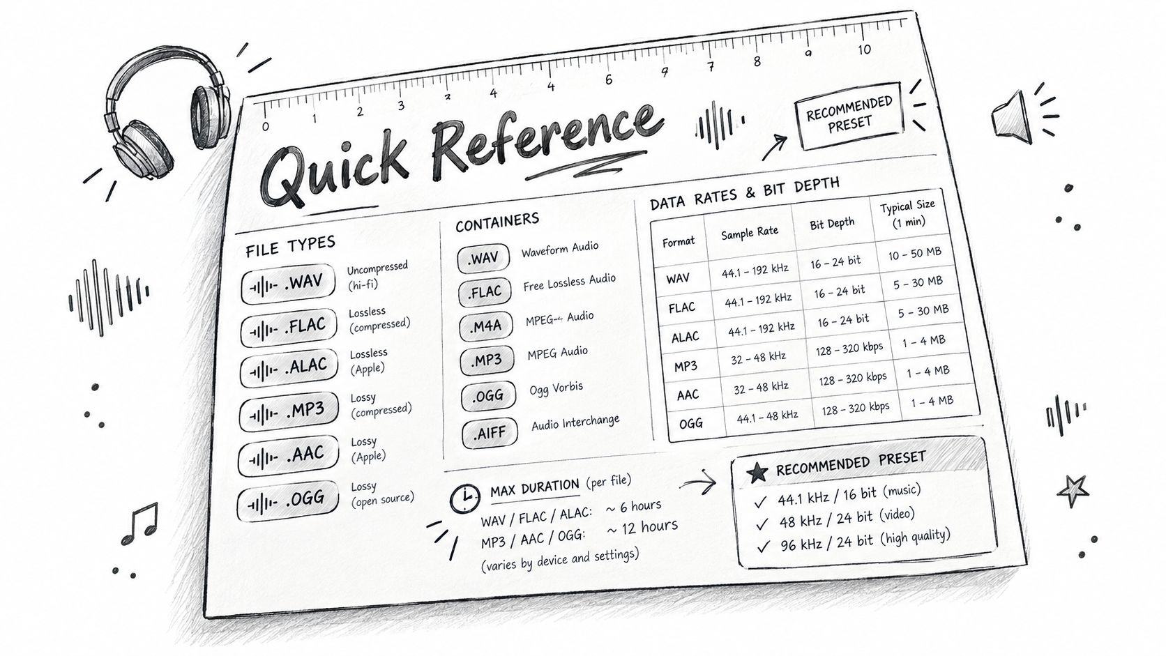 A sketched infographic chart explaining common audio file formats, their data rates, and recommended quality presets.