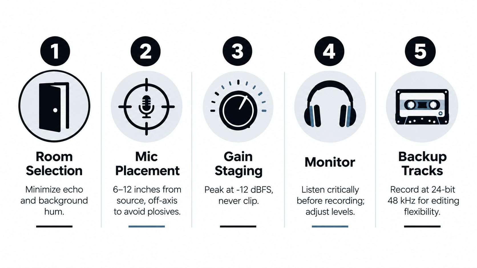 A five-step infographic guide illustrating the basic essentials for high-quality audio recording and production techniques.