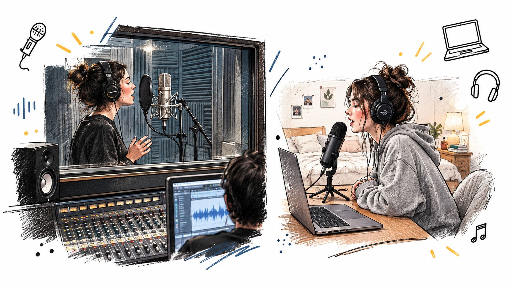A split-screen illustration showing professional studio recording versus a home bedroom podcast setup with a female artist.