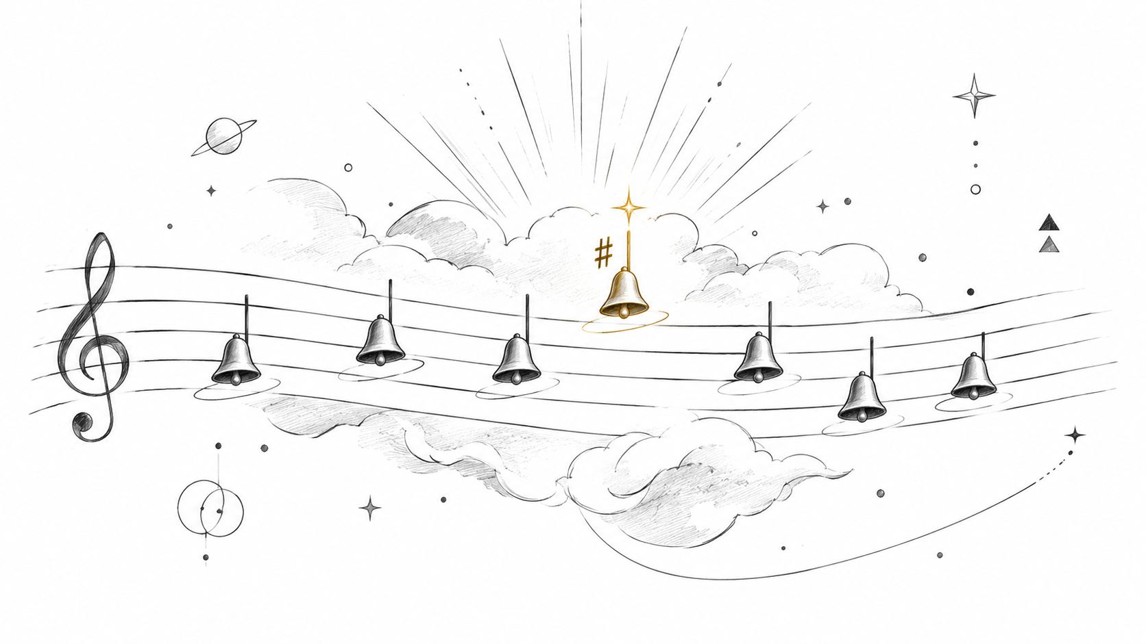 A musical staff featuring seven bells, with one golden highlighted bell, floating among artistic sketch clouds.