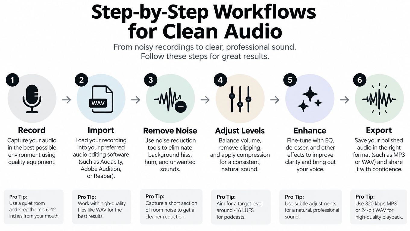 A six-step infographic showing the workflow for producing clean, professional audio from noisy recordings.