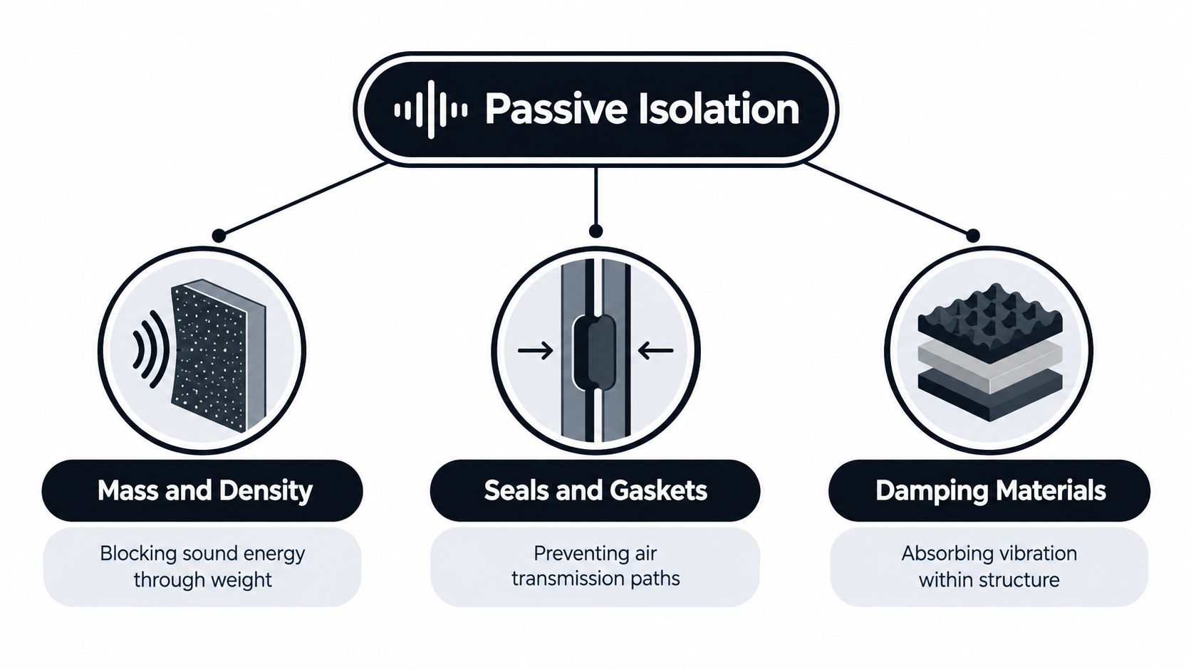 A diagram illustrating passive sound isolation methods: mass and density, seals and gaskets, and damping materials.