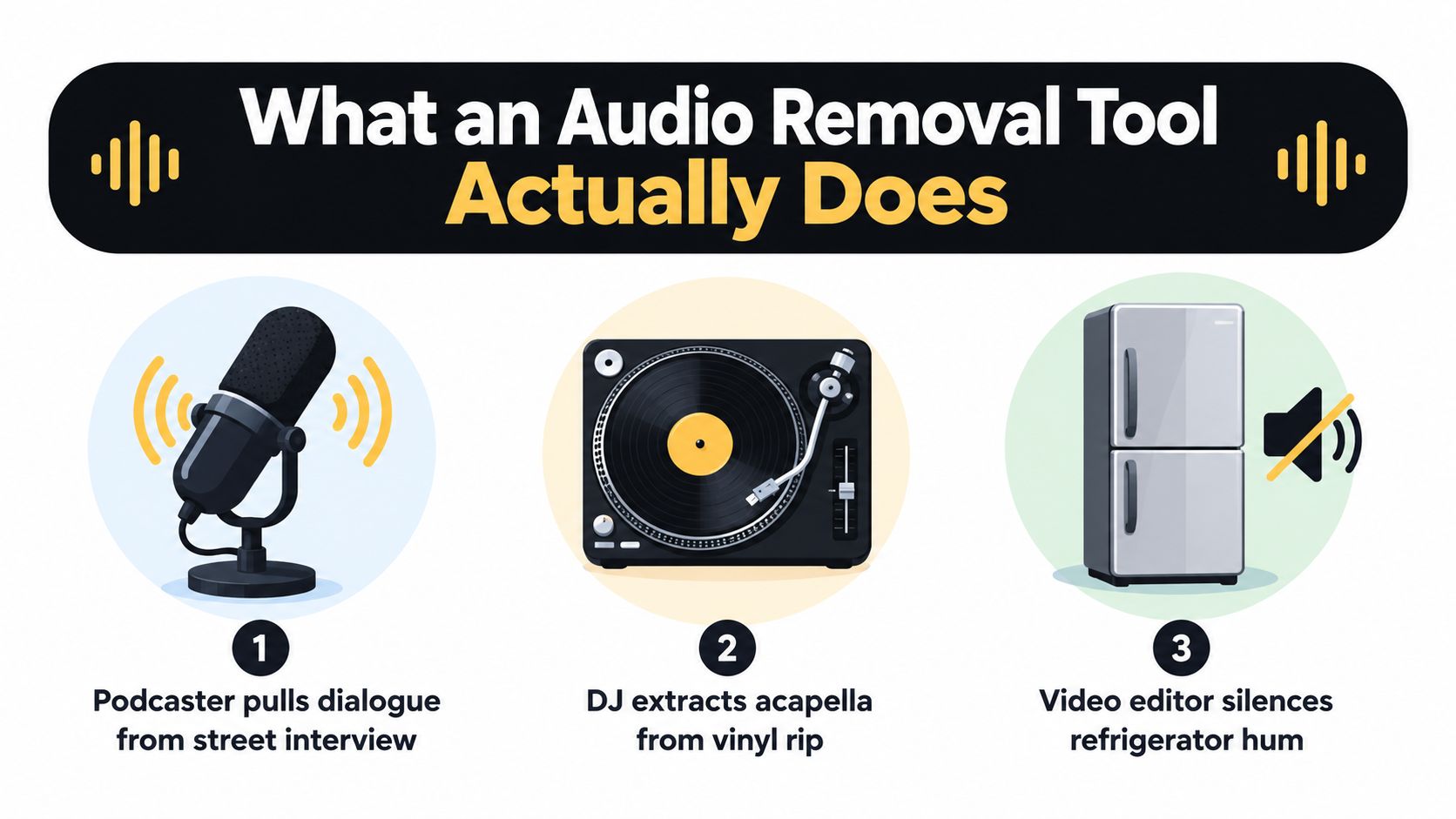 A diagram explaining that an audio removal tool extracts dialogue, acapella, or silences background noise from recordings.