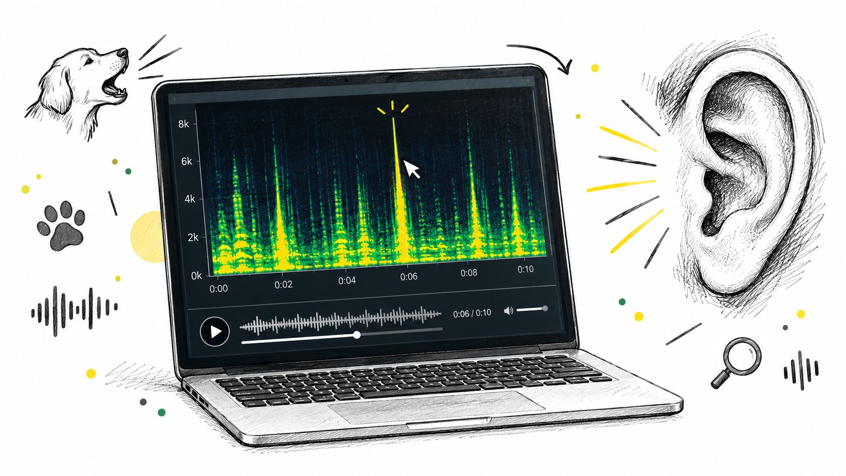 A laptop screen displaying a sound spectrogram of a dog barking, next to an illustration of an ear.