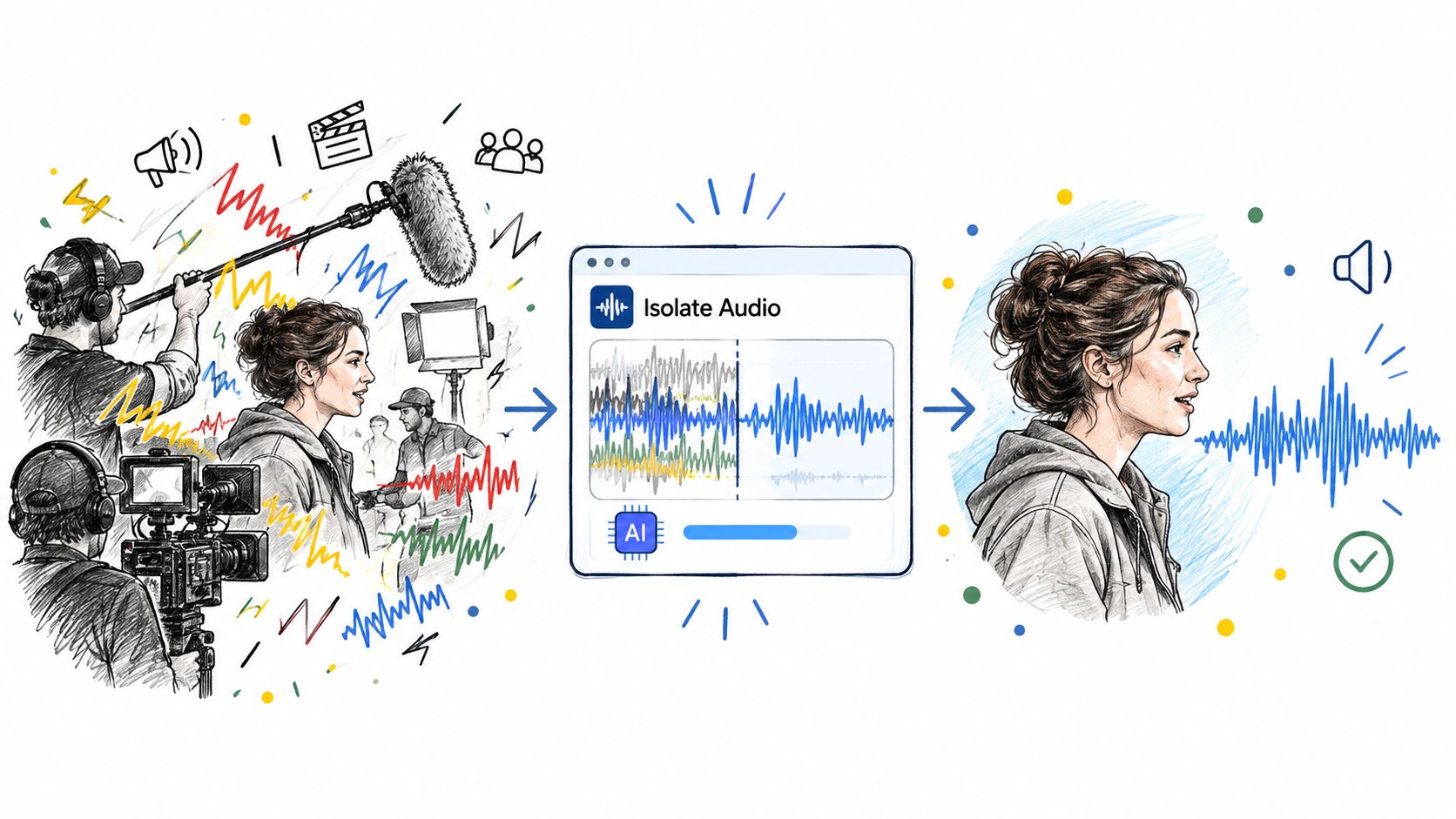 A conceptual illustration showing AI software isolating a clear human voice from a busy film production set.