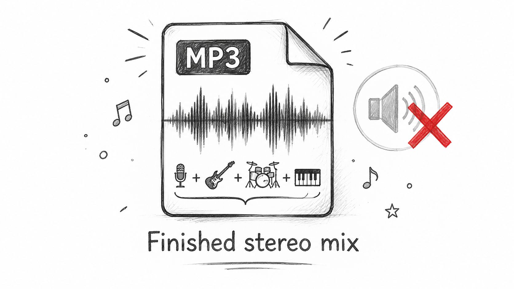 A hand-drawn illustration showing an MP3 file icon containing musical instruments with a speaker symbol marked with a red cross.