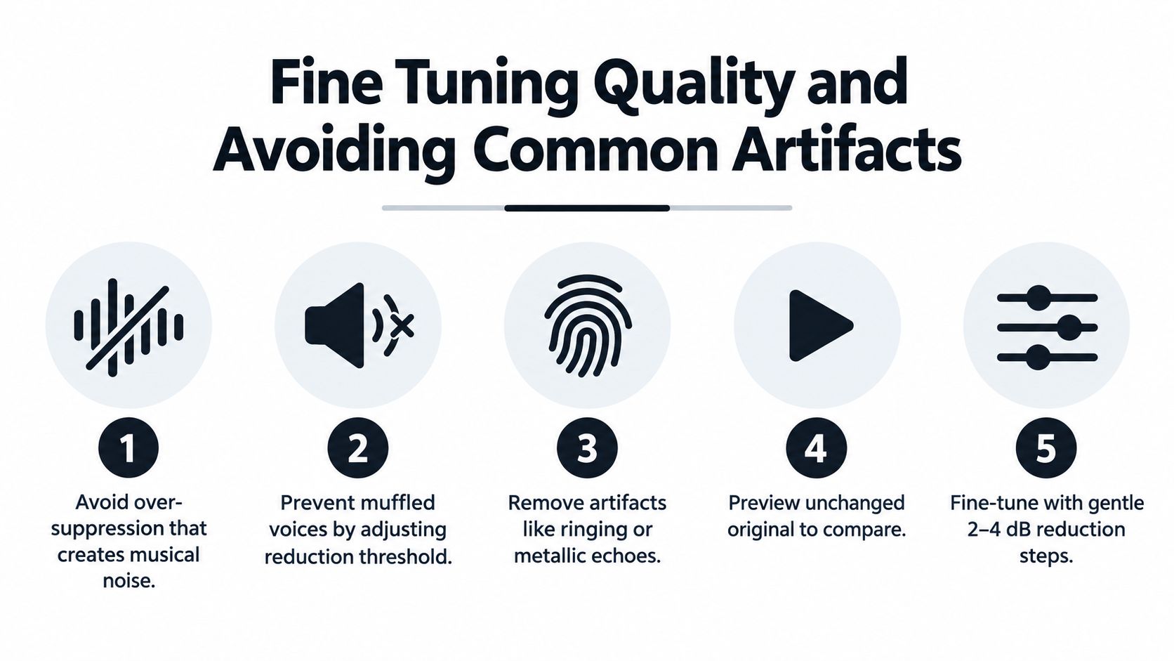 An infographic showing five tips for fine tuning audio quality and avoiding common noise reduction artifacts.