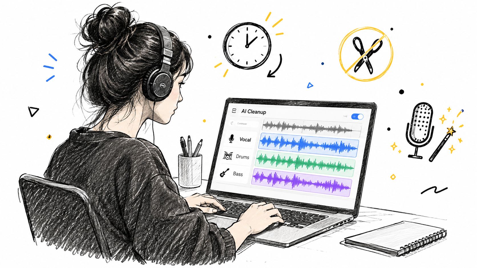 A person with headphones using a laptop to edit audio tracks in a music production software interface.
