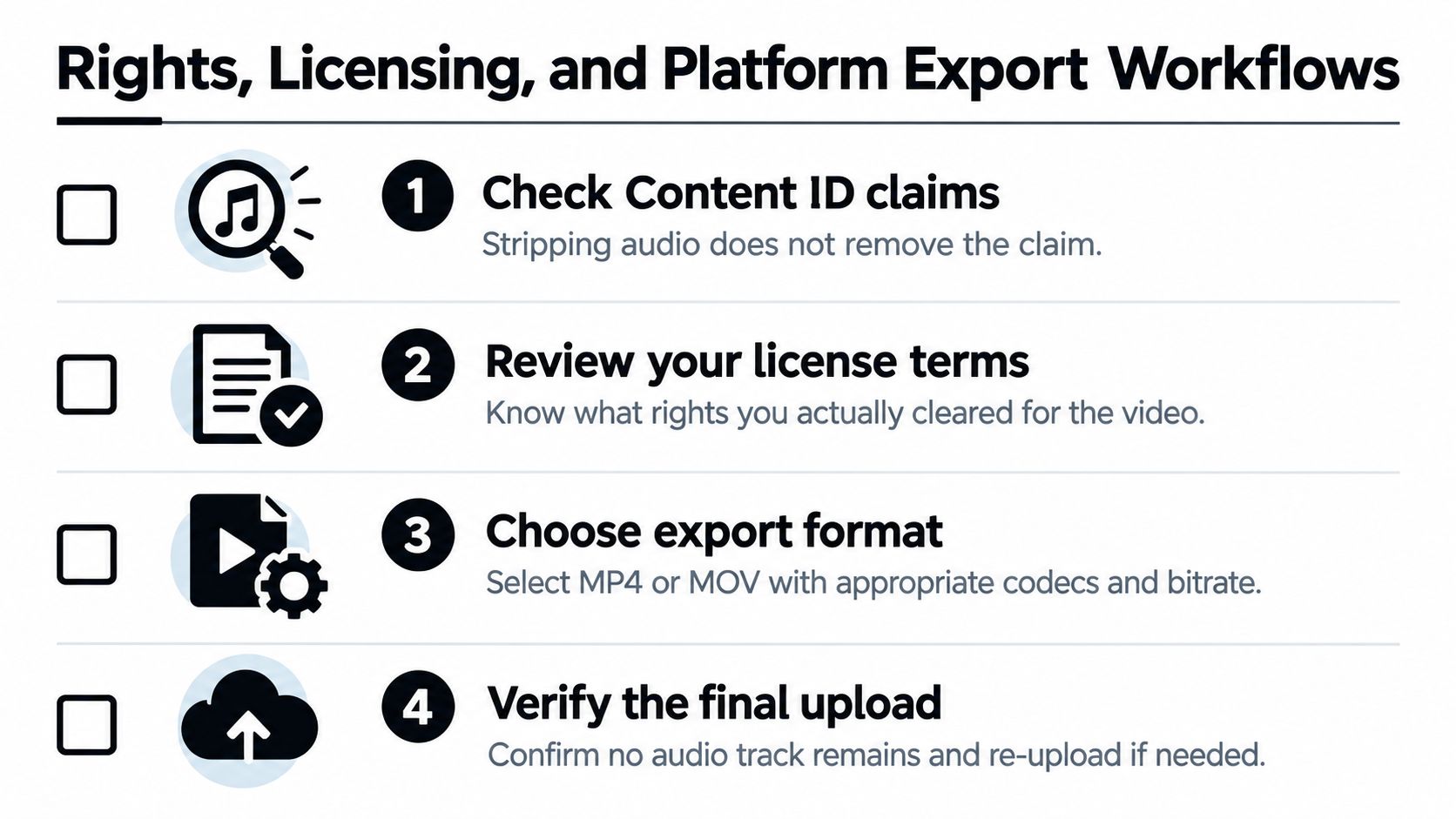 A checklist illustrating the four steps to manage rights, licensing, and platform export workflows for video content.